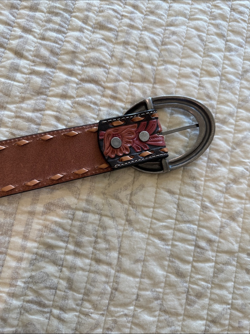 Roper Brown and Black Tooled Floral Leather Belt with Round Metal Buckle - Picture 8 of 9